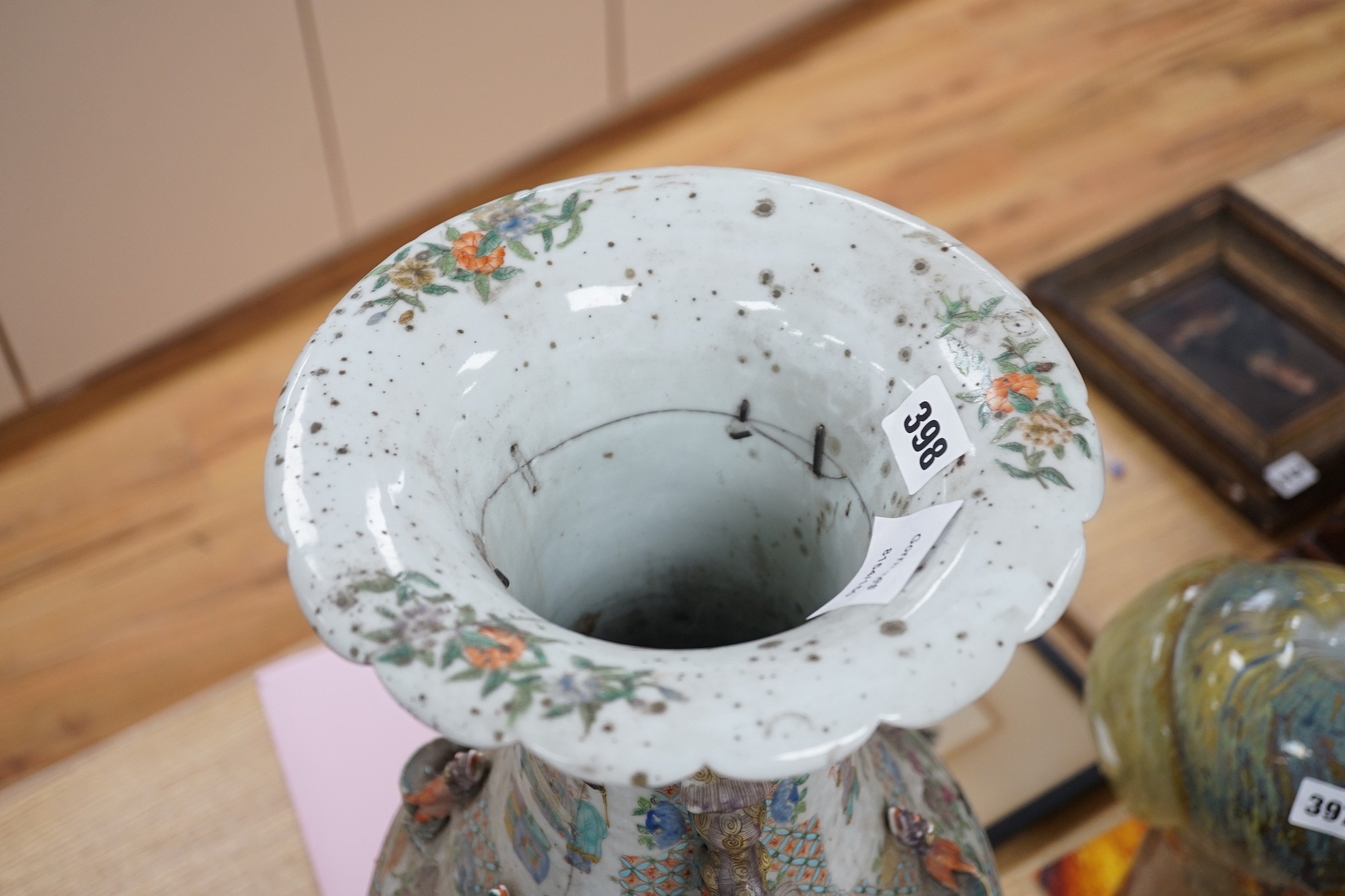A large pair of Chinese export famille verte dragon vases (in need of restoration), 63cms high